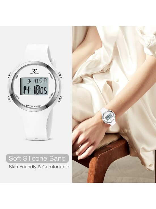 Womens All White Quartz Chronograph Waterproof Outdoor Sport Alarm Digital Watch main image 4